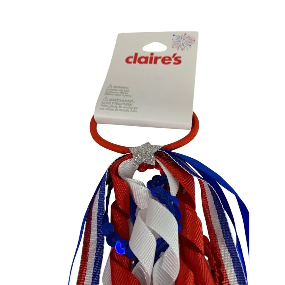 Claires New Elastic Hair Band Ribbon Curly Patriotic USA Red White Blue